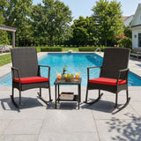 Devoko 3 Pieces Patio Rattan Rocking Chair Set with Cushion and Table Outdoor Porch and Garden Furniture