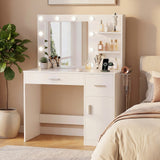 Vineego Makeup Vanity Desk with Mirror, Vanity Set with Charging Outlets and LED Lights, Vanity Table with Storage Shelves Drawers and Cabinet for Bedroom Dressing Room