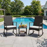 Devoko 3 Pieces Patio Rattan Rocking Chair Set with Cushion and Table Outdoor Porch and Garden Furniture