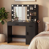 Vineego Makeup Vanity Desk with Mirror, Vanity Set with Charging Outlets and LED Lights, Vanity Table with Storage Shelves Drawers and Cabinet for Bedroom Dressing Room