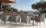 Devoko Outdoor Patio Dining Sets 9 Pieces Wicker Outdoor Dining Table and Chairs Set with Acacia Wood Table Top and Widened Armrests for Backyard, Garden, Deck (Grey)