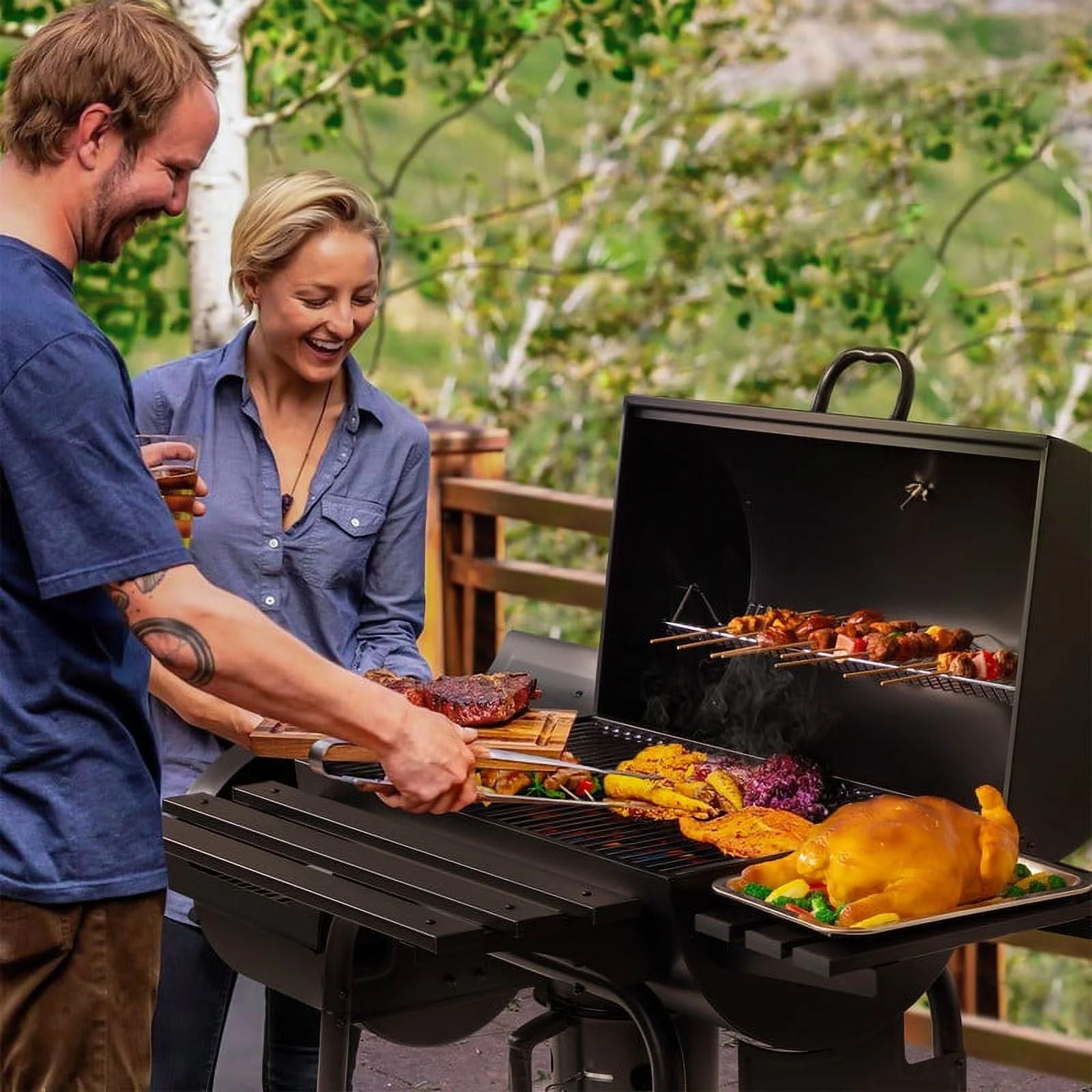 bbq grill camping Devoko Charcoal Grill with Offset Smoker Portable Stainless Steel Grill with Cover Versatile Outdoor Camping BBQ and Barrel Smoker for Patio, Backyard