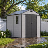 Devoko 8 x 8 FT Resin Storage Shed with Floor, Outdoor Plastic Tool Shed, All-Weather Garden Shed with Lockable Door & Sloping Roof for Patio, Backyard, Poolside, Light Grey