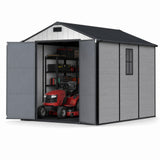 Devoko 8 x 10 FT Resin Storage Shed with Floor, Outdoor Plastic Tool Shed,All-Weather Garden Shed with Lockable Door & Sloping Roof for Patio, Backyard, Poolside, Light Grey