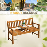 Devoko Patio Acacia Wood Bench Loveseat with a Folding Table, Outdoor Wood Porch Chair for 2 Persons for Garden and Backyard