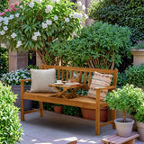 Devoko Patio Acacia Wood Bench Loveseat with a Folding Table, Outdoor Wood Porch Chair for 2 Persons for Garden and Backyard