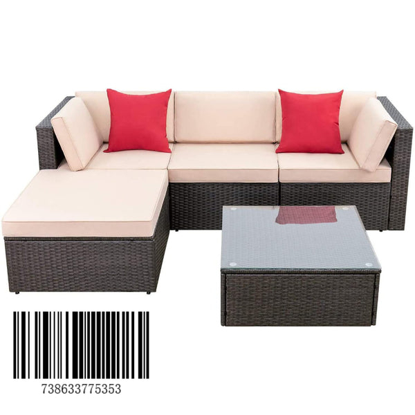 Devoko 5 Pieces Patio Sectional Set Outdoor Wicker Rattan Conversation Sofa