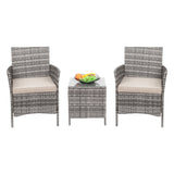 DEVOKO 3 PCS Outdoor Patio Furniture Gray PE Rattan Wicker Table and Chairs Set Bar Set with Cushioned Tempered Glass