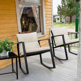 Devoko 3 Pieces Outdoor Bistro Set Rocking Wicker Chair Sets Cushioned PE Rattan Rocking Chairs with Glass Coffee Table