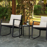 Devoko 3 Pieces Outdoor Bistro Set Rocking Wicker Chair Sets Cushioned PE Rattan Rocking Chairs with Glass Coffee Table