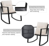 Devoko 3 Pieces Outdoor Bistro Set Rocking Wicker Chair Sets Cushioned PE Rattan Rocking Chairs with Glass Coffee Table