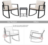 Devoko 3 Pieces Outdoor Bistro Set Rocking Wicker Chair Sets Cushioned PE Rattan Rocking Chairs with Glass Coffee Table