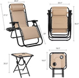 Devoko 3 Pieces Zero Gravity Chair Patio Foldable Chaise Lounge Chairs 2 Beach Chairs and Table with Cup Holders