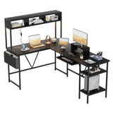 Devoko L-Shaped LED Lights Office Desk Gaming Table,Storage Rack, Built-in Socket, Computer Stand, Organizer Pocket, and Keyboard Drawer