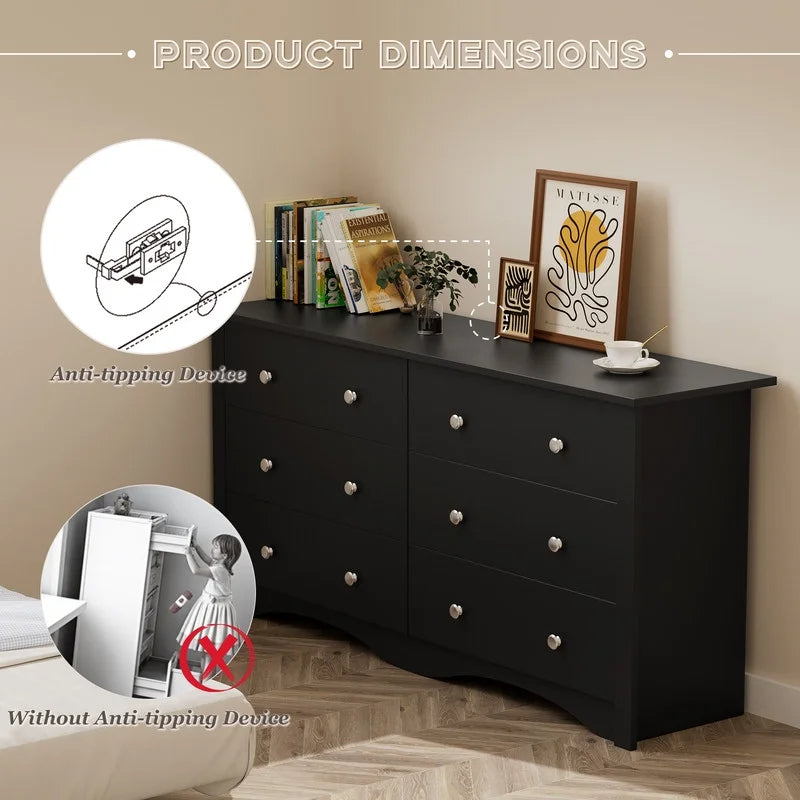 Vineego Rustic Modern Chest of 6 Drawers,Extra Wide Double Dresser for Master Bedroom or Nursery Storage - White
