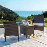 DEVOKO 3 PCS Outdoor Patio Furniture Gray PE Rattan Wicker Table and Chairs Set Bar Set with Cushioned Tempered Glass