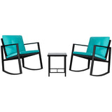 Devoko 3 Pieces Outdoor Bistro Set Rocking Wicker Chair Sets Cushioned PE Rattan Rocking Chairs with Glass Coffee Table