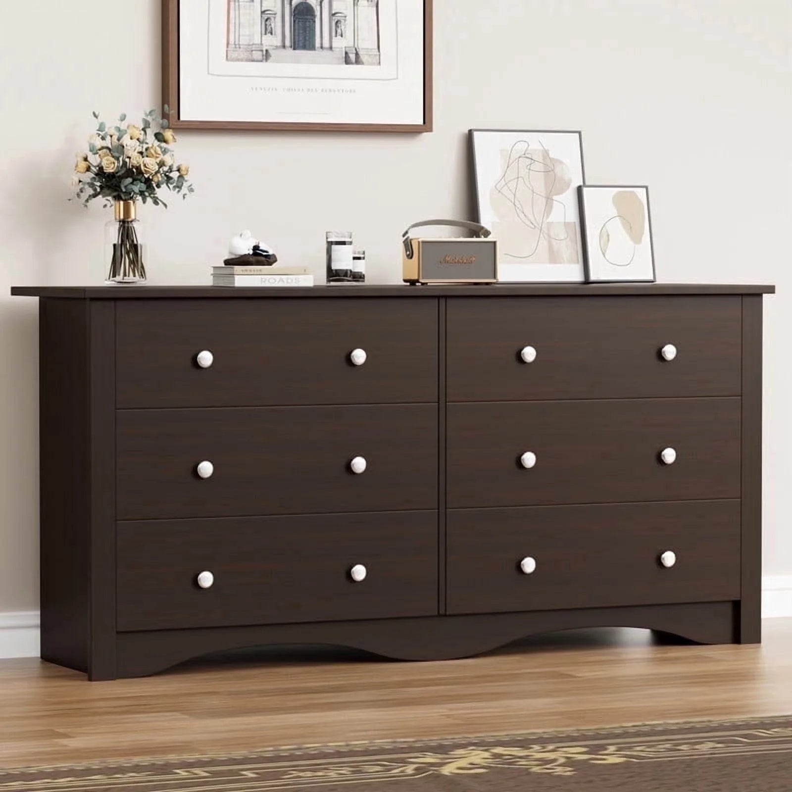 Vineego Rustic Modern Chest of 6 Drawers,Extra Wide Double Dresser for Master Bedroom or Nursery Storage - White