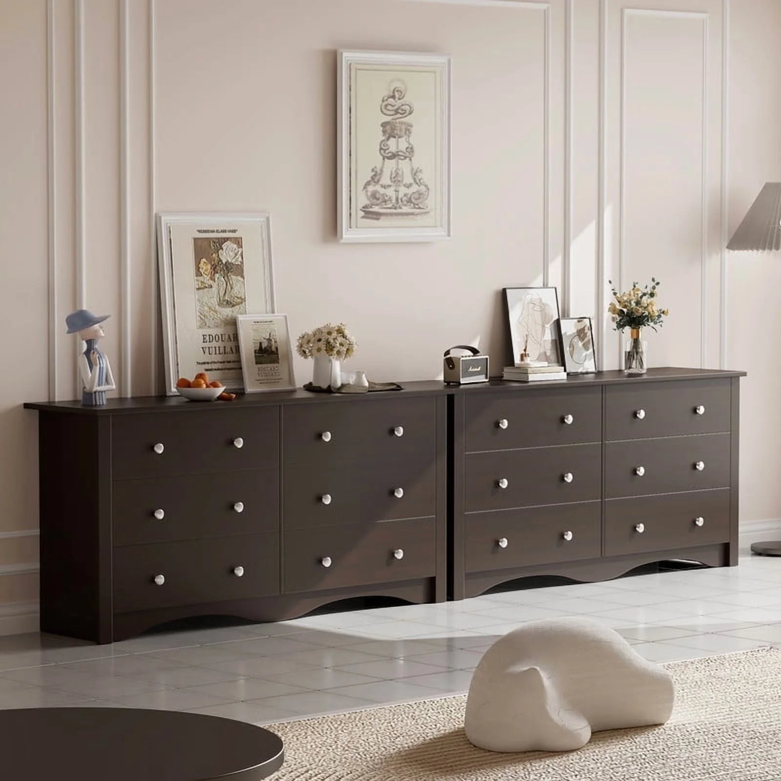 Vineego Rustic Modern Chest of 6 Drawers,Extra Wide Double Dresser for Master Bedroom or Nursery Storage - White