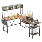 Devoko L-Shaped LED Lights Office Desk Gaming Table,Storage Rack, Built-in Socket, Computer Stand, Organizer Pocket, and Keyboard Drawer