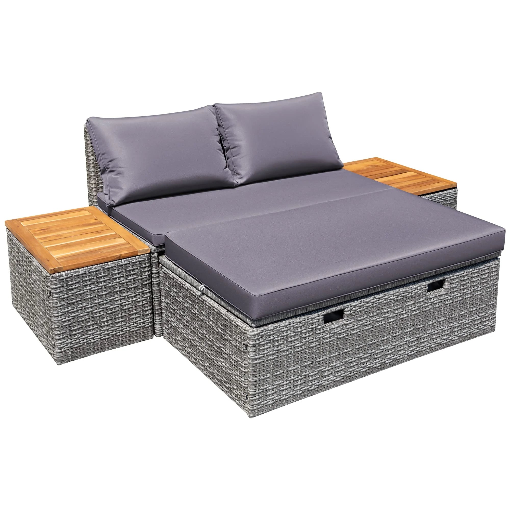 Devoko Outdoor Daybed Set Multifunctional Patio Day Bed Rattan Lounge Bed with 2 Side Tables for Backyard Porch Poolside Lawn Beach, Gray