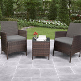 DEVOKO 3 PCS Outdoor Patio Furniture Gray PE Rattan Wicker Table and Chairs Set Bar Set with Cushioned Tempered Glass