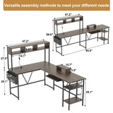 Devoko L-Shaped LED Lights Office Desk Gaming Table,Storage Rack, Built-in Socket, Computer Stand, Organizer Pocket, and Keyboard Drawer