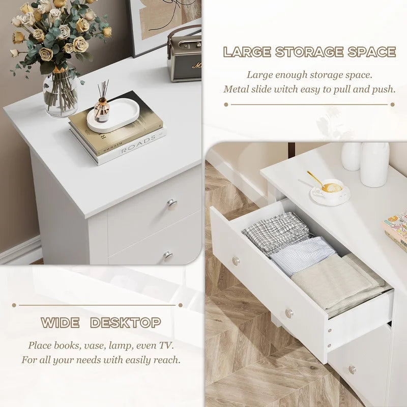 Vineego Rustic Modern Chest of 6 Drawers,Extra Wide Double Dresser for Master Bedroom or Nursery Storage - White