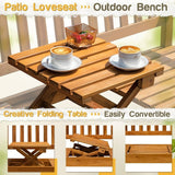Devoko Patio Acacia Wood Bench Loveseat with a Folding Table, Outdoor Wood Porch Chair for 2 Persons for Garden and Backyard