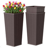 Devoko 2 Pack 24" Tall Outdoor Plastic Planters with Removable Inner Pots, UV Resistant Faux Wicker Rattan Patio Planters, Large Tapered Design for Balcony Garden Living Room, Black