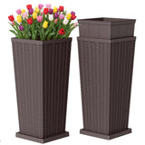 Devoko 2 Pack 24" Tall Outdoor Plastic Planters with Removable Inner Pots, UV Resistant Faux Wicker Rattan Patio Planters, Large Tapered Design for Balcony Garden Living Room, Black