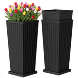Devoko 2 Pack 24" Tall Outdoor Plastic Planters with Removable Inner Pots, UV Resistant Faux Wicker Rattan Patio Planters, Large Tapered Design for Balcony Garden Living Room, Black