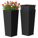 Devoko 2 Pack 24" Tall Outdoor Plastic Planters with Removable Inner Pots, UV Resistant Faux Wicker Rattan Patio Planters, Large Tapered Design for Balcony Garden Living Room, Black