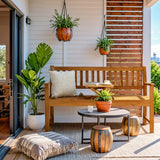 Devoko Patio Acacia Wood Bench Loveseat with a Folding Table, Outdoor Wood Porch Chair for 2 Persons for Garden and Backyard