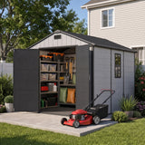 Devoko 8 x 10 FT Resin Storage Shed with Floor, Outdoor Plastic Tool Shed,All-Weather Garden Shed with Lockable Door & Sloping Roof for Patio, Backyard, Poolside, Light Grey