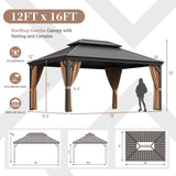 Devoko 10' x 12' Hardtop Gazebo Outdoor Galvanized Steel Metal Double Roof Aluminum Frame Permanent Pergolas with Netting and Curtains for Patio Backyard Garden Lawns Parties