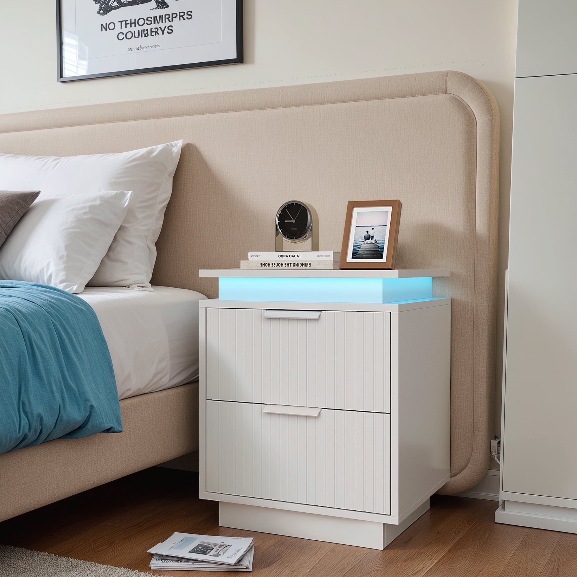 Devoko LED Light Nightstand with 2 Drawer End Side Table for Bedroom Living Room Furniture