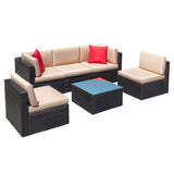 Devoko Patio Furniture Sets 6 Pieces Outdoor Sectional Rattan Sofa Manual Weaving Wicker Patio Conversation Set with Glass Table and Cushion (Beige)