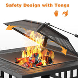 Devoko Fire Pit 32 Inch Fire Pit Table Square Metal Fire Pit Wood Burning, Mesh Cover Poke