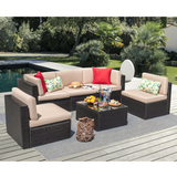 Devoko Patio Furniture Sets 6 Pieces Outdoor Sectional Rattan Sofa Manual Weaving Wicker Patio Conversation Set with Glass Table and Cushion (Beige)