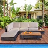 Devoko 4 Pieces Acacia Wood Patio Sectional Sofa, All-Weather Oudoor Seating Sets with Side Table