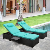 Devoko 2 Piece Patio Chaise Lounge, Rattan Reclining Chair Set with Adjustable Backrest and Side Table