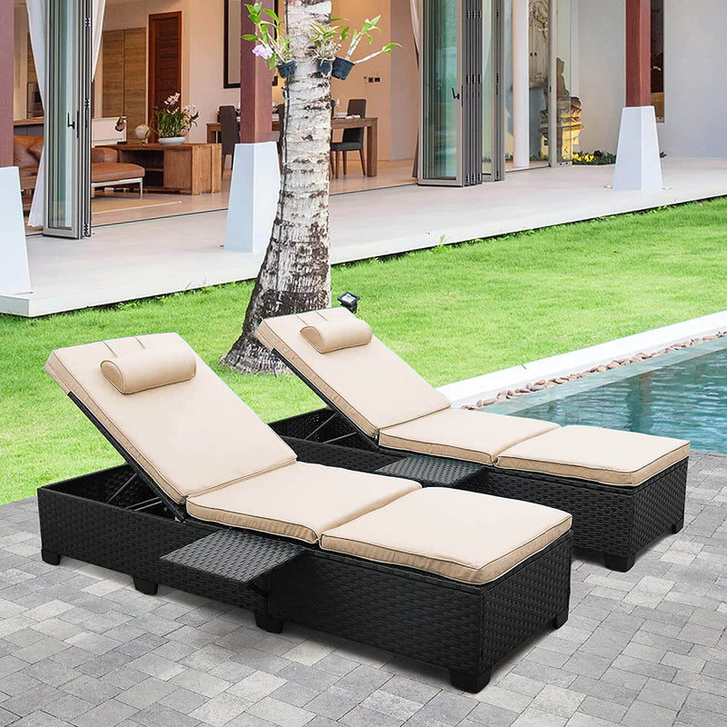 Devoko 2 Piece Patio Chaise Lounge, Rattan Reclining Chair Set with Ad