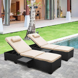 Devoko 2 Piece Patio Chaise Lounge, Rattan Reclining Chair Set with Adjustable Backrest and Side Table