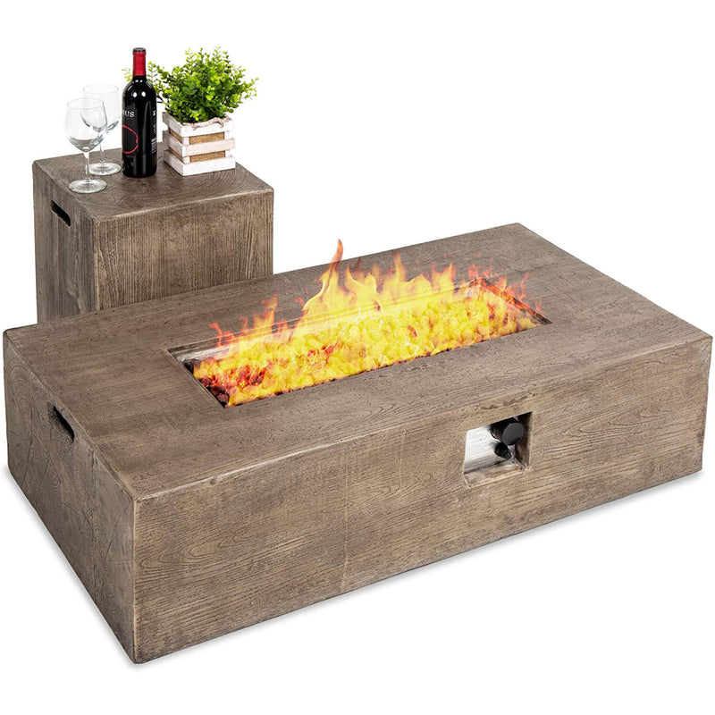 Outdoor Fire Pit Table with Glass Wind Guard& Propane Tank Storage Side Table