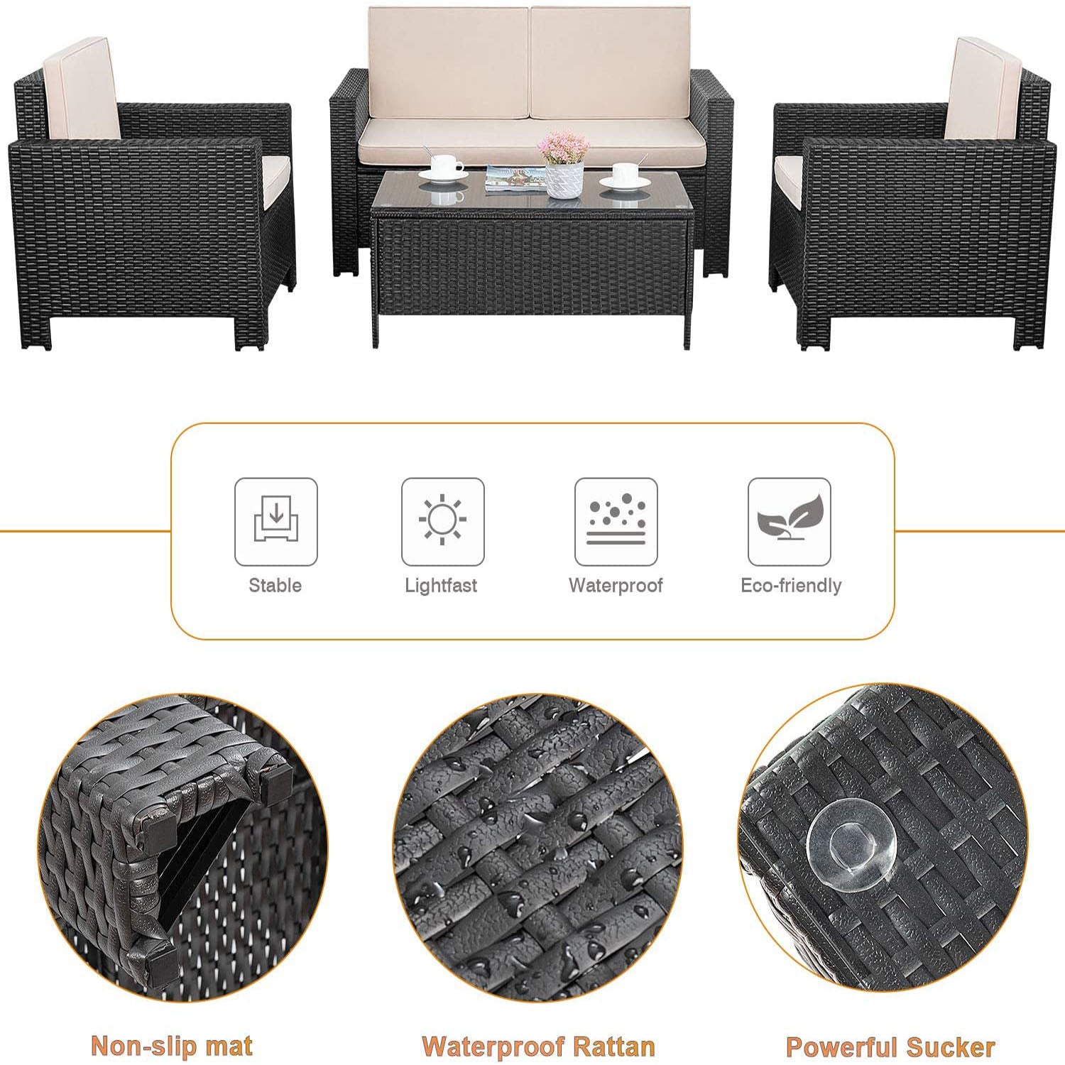 Devoko 4 Pieces Patio Furniture Set Outdoor Furniture Set Rattan Conve