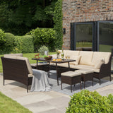 Devoko 7 Pieces Outdoor Dining Set with Wicker Loveseats and Table