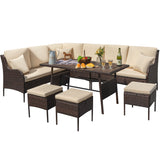 Devoko 7 Pieces Outdoor Dining Set with Wicker Loveseats and Table