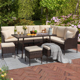 Devoko 7 Pieces Outdoor Dining Set with Wicker Loveseats and Table