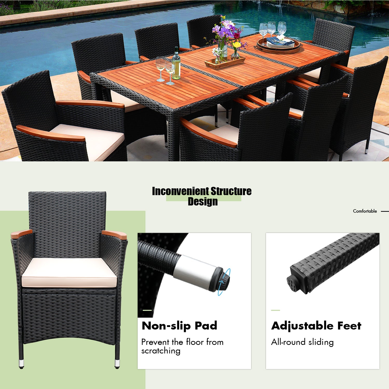 Devoko 9 Pieces Patio Dining Sets Outdoor Furniture with Acacia Wood T